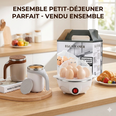 Pack Petit Déjeuner Premium : Cuiseur à Œufs Inox + Mug Auto-Mélangeur
