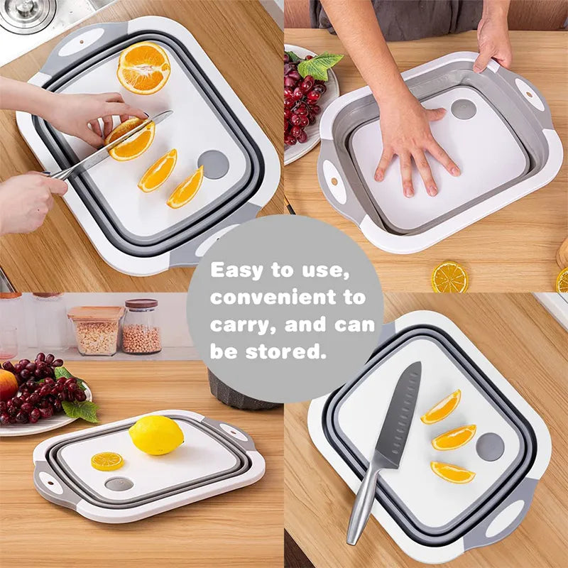 LMETJMA 3 in 1 Collapsible Cutting Board Foldable Chopping Board Camping Dishes Sink Space Saving Kitchen Drainage Basket JT120